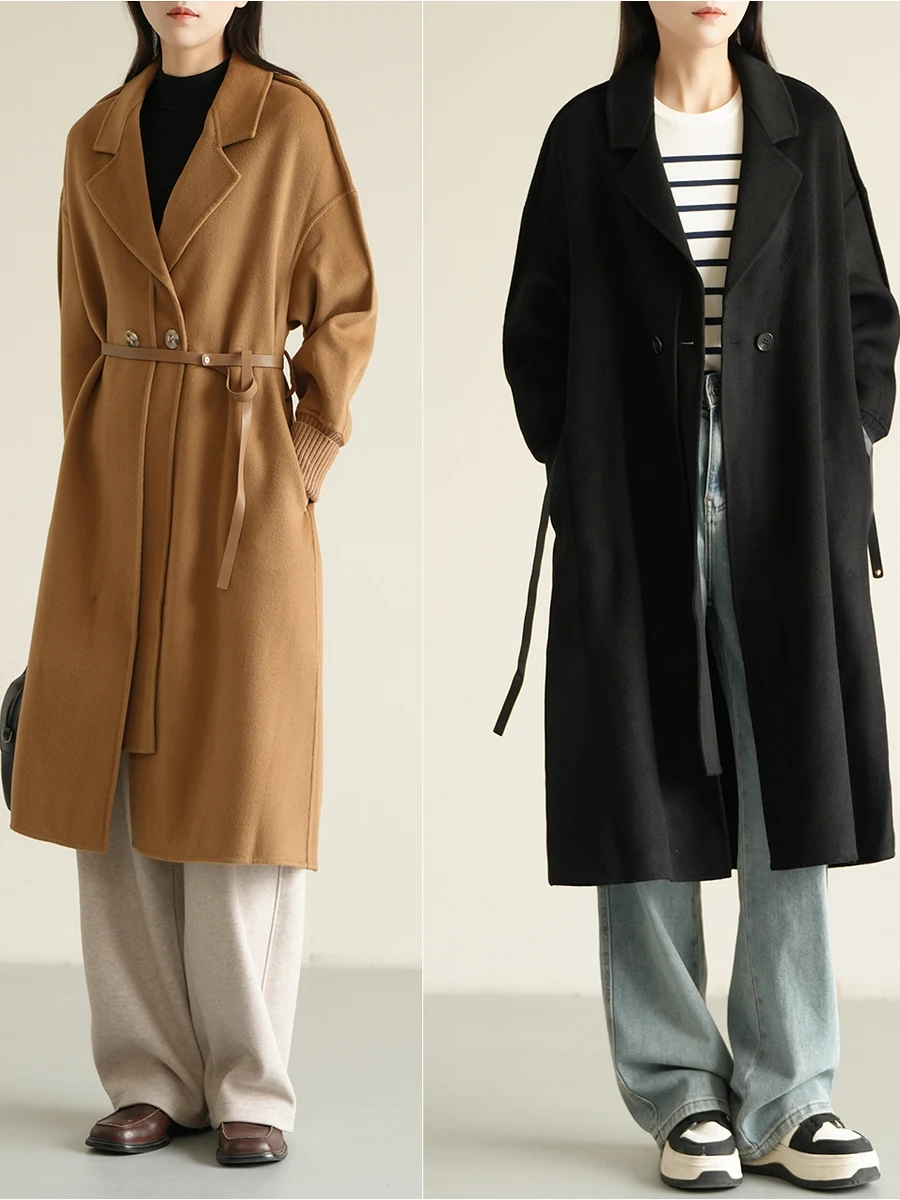 

Women's Double-Faced Wool Camere Coat Medium-Length Autumn Winter Sle OL Commute Straight-Body Long Sve One-Button Clip
