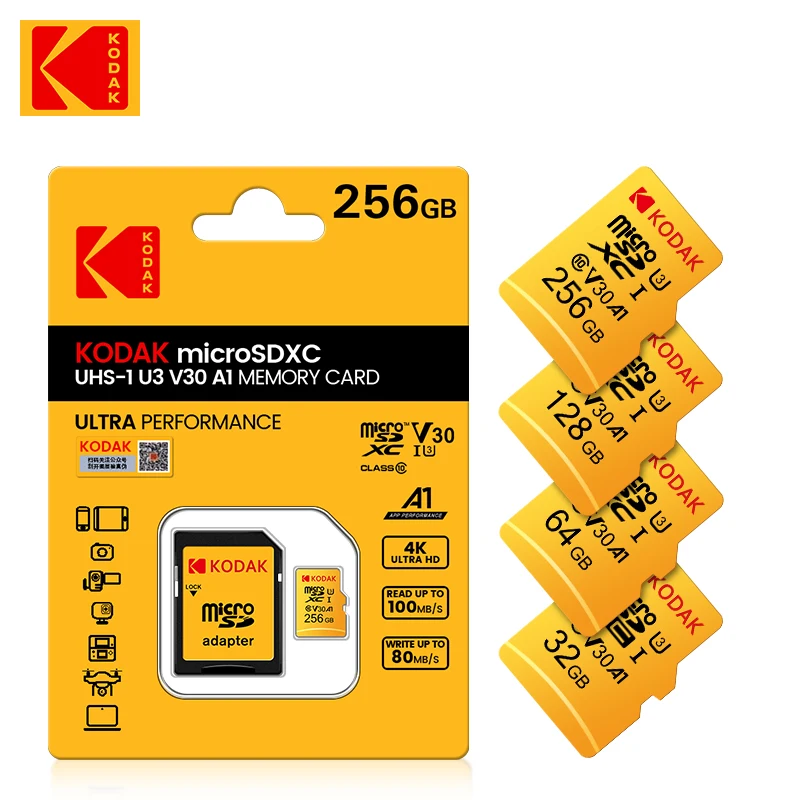 Original Kodak U3 A1 V30 MicroSD 128GB 32GB 64GB 256 GB Klasse 10 Karten 32 64 128 256 GB Video Telefon Speicher Karte