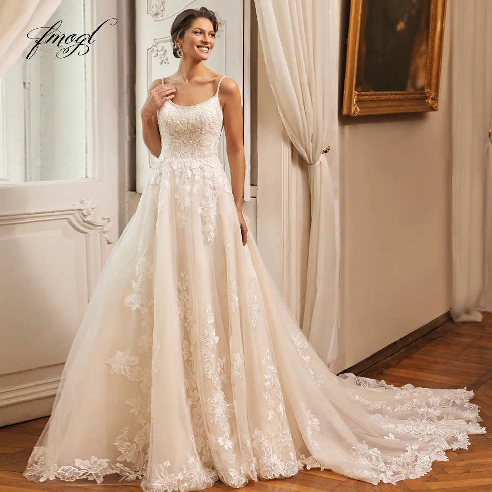 

Fmogl A-Line Graceful Wedding Dresses Boat Neck Spaghetti Straps Vestido De Novia Lace Embroidery Charming Robe De Mariee