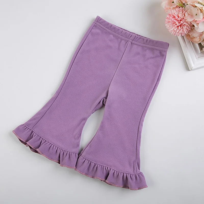 

Girls Pants Autumn Winter Solid Flared Trousers Infant Toddler Warm Elastic Waist Purple Pant Sweet Ruffles Trim Casual Trouser