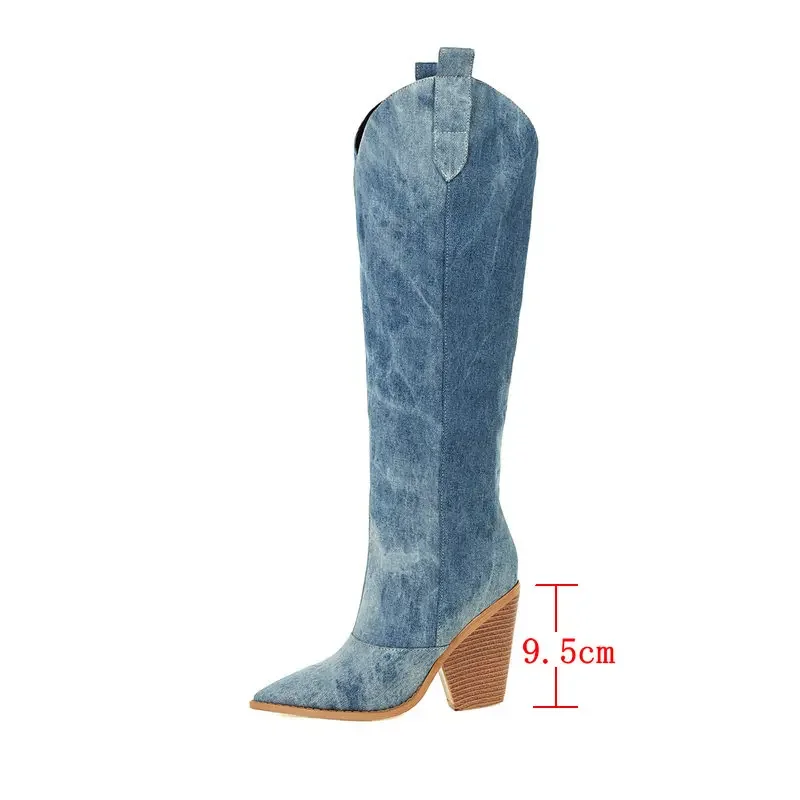 Moda Denim Western donna stivali alti alla coscia al ginocchio tacchi alti autunno inverno stivali lunghi da Cowboy Slip on scarpe da donna taglia