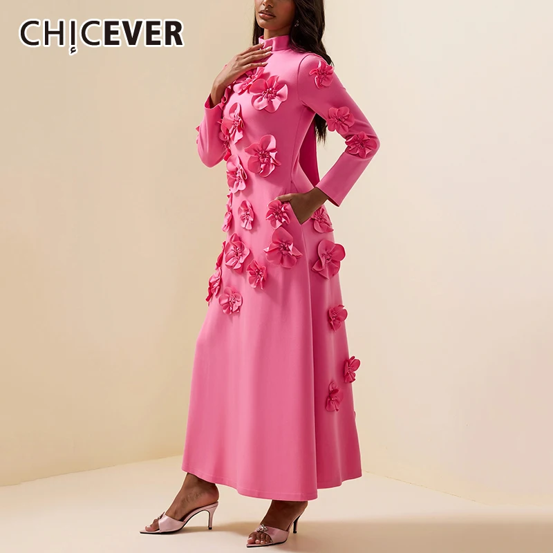 CHICEVER Elegant Spliced Appliques Maxi Dress for Women Stand Collar Long Sleeves High Waist Folds Guest Wedding Dresses Female