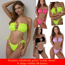 2025 Women's Sexy Strapless Bandeau Bikini,Frilled Ruched Tie Aide Bottoms 2 Pieces Swimsuit N Way to Wear Bathing Suit