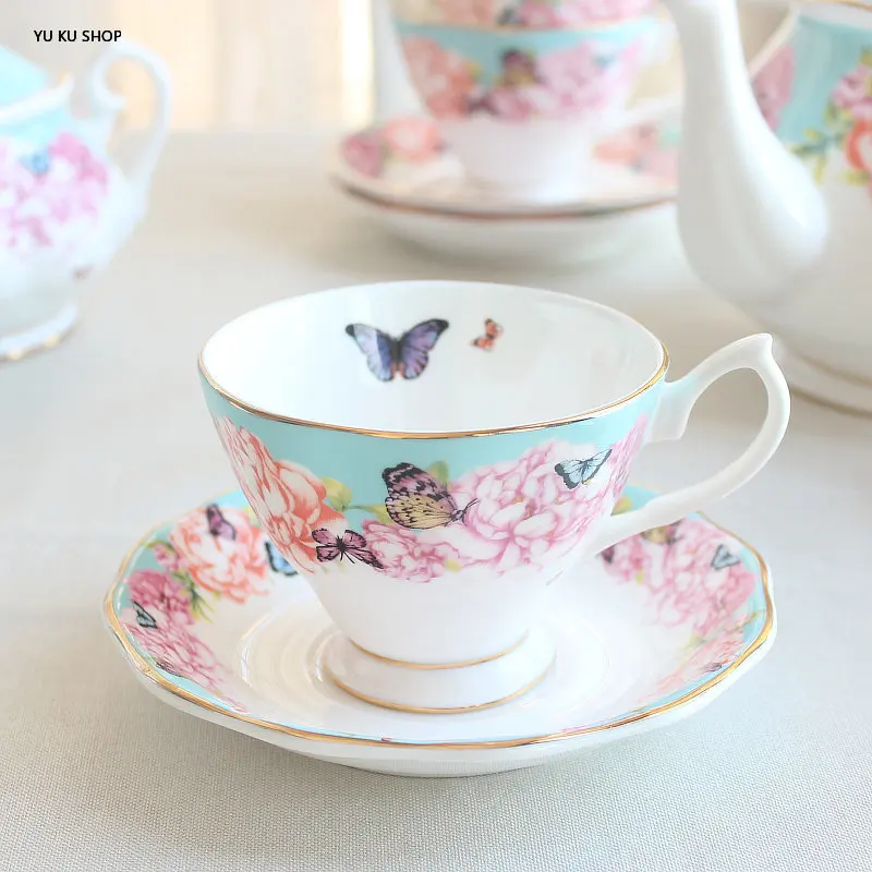 European Bone China Coffee Cup Saucer Ceramic Pot Teacup Dessert Plate Dish Sugar Bowl Milk Cup Flower Teapot Coffee Appliance