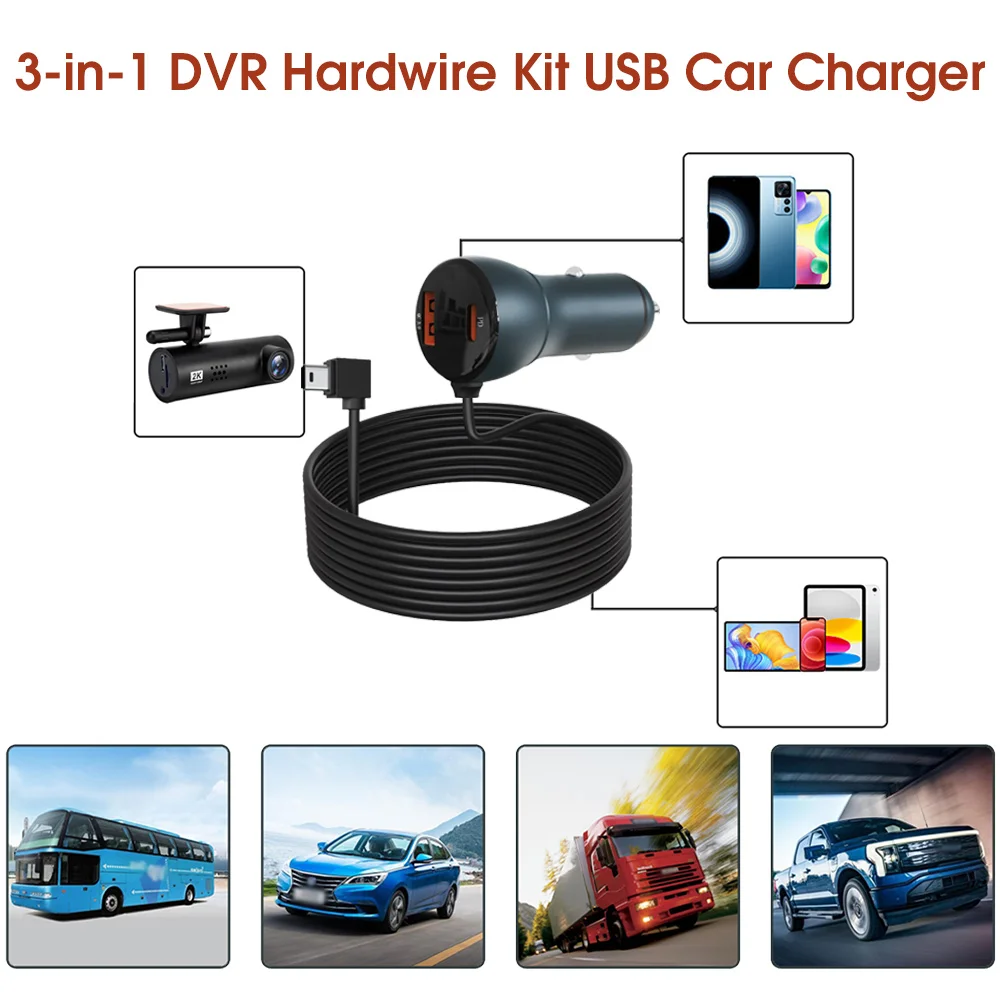 3 In 1 Dash DVR Hardwire Kit Cable For Car DVR Dashcam Buck Line 12V 24V 36V To 5V USB Car Cigar Lighter Charger Quick Charge PD