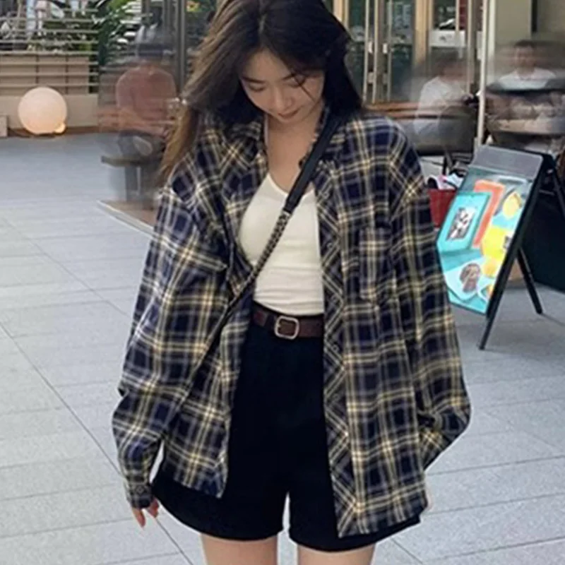 

Retro Button Up Plaid Shirts for Women Spring Autumn Korean Long Sleeve Mid-Length Skirt Woman Turn Down Collar Outwear Female