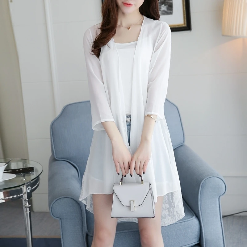 Spring Summer Women Three Quarter Sleeve Chiffon Shirt Thin Cardigan Sun Protection Clothing Sexy Hollow Lace Shawl Top Y268