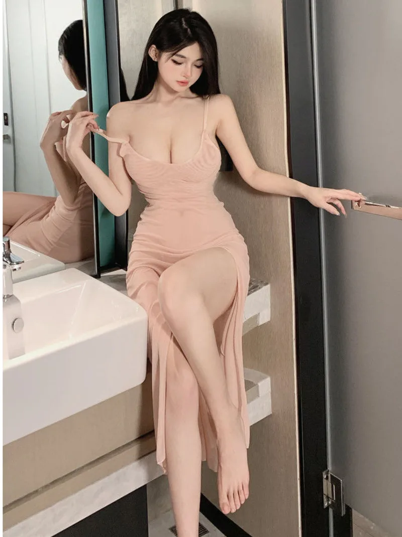 Estate stile classico erotico Sexy alta fessura maglia pizzo fascino maturo elegante vestito a metà polpaccio fionda donna tinta unita moda R34K