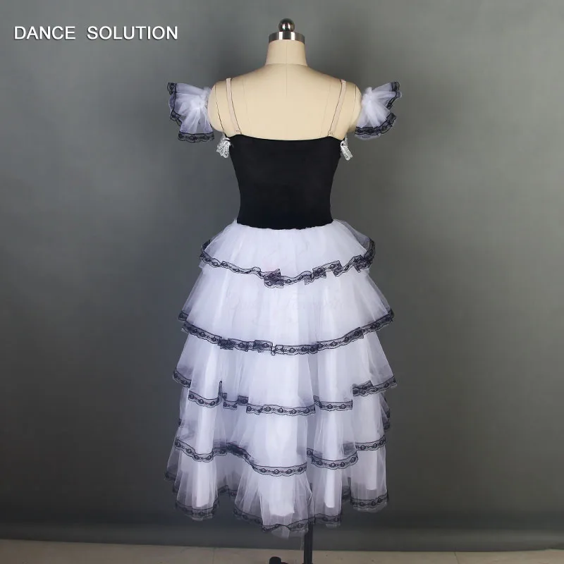 Spanish Style Ballet Tutu Dress Black Stretch Velvet Bodice with White Romantic Tutu Skirt Women and Girls Ballet Costumes 19230