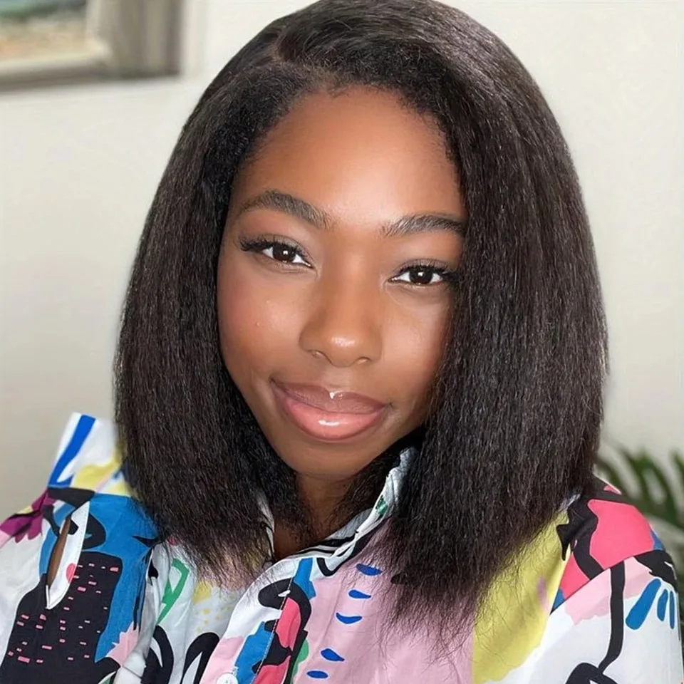 

10A 200% Density Short Bob Yaki Straight Wig with Baby Hair Glueless Kinky Straight Wig for Black Women 6x4 Lace Front Wig