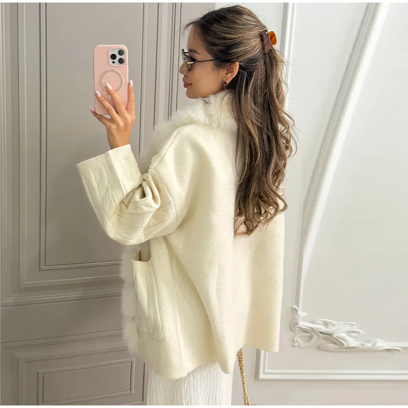 Cable Knit Cardigan with Faux Fur Collar — product details 20