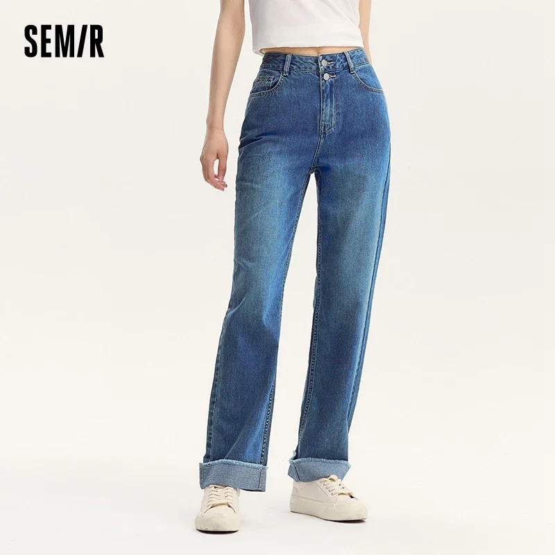 Semir Jeans Women Rolled Hem Cotton Straight Leg Jeans 2024 Autumn New Cool and Edgy Frayed Long Pants