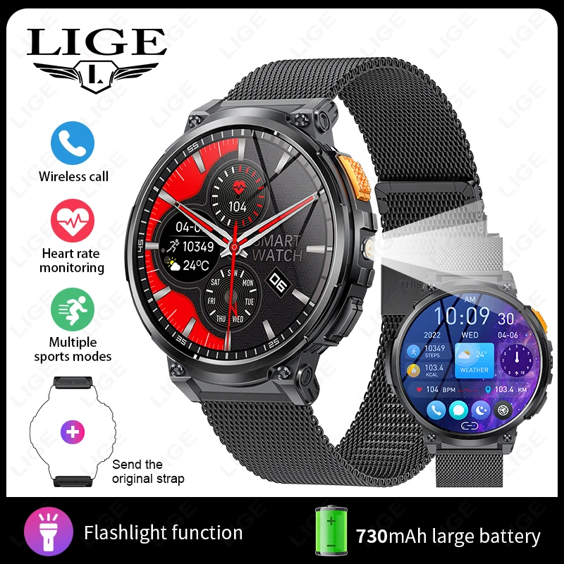 Men's Flashlight Bluetooth Call Smartwatch with Large Battery