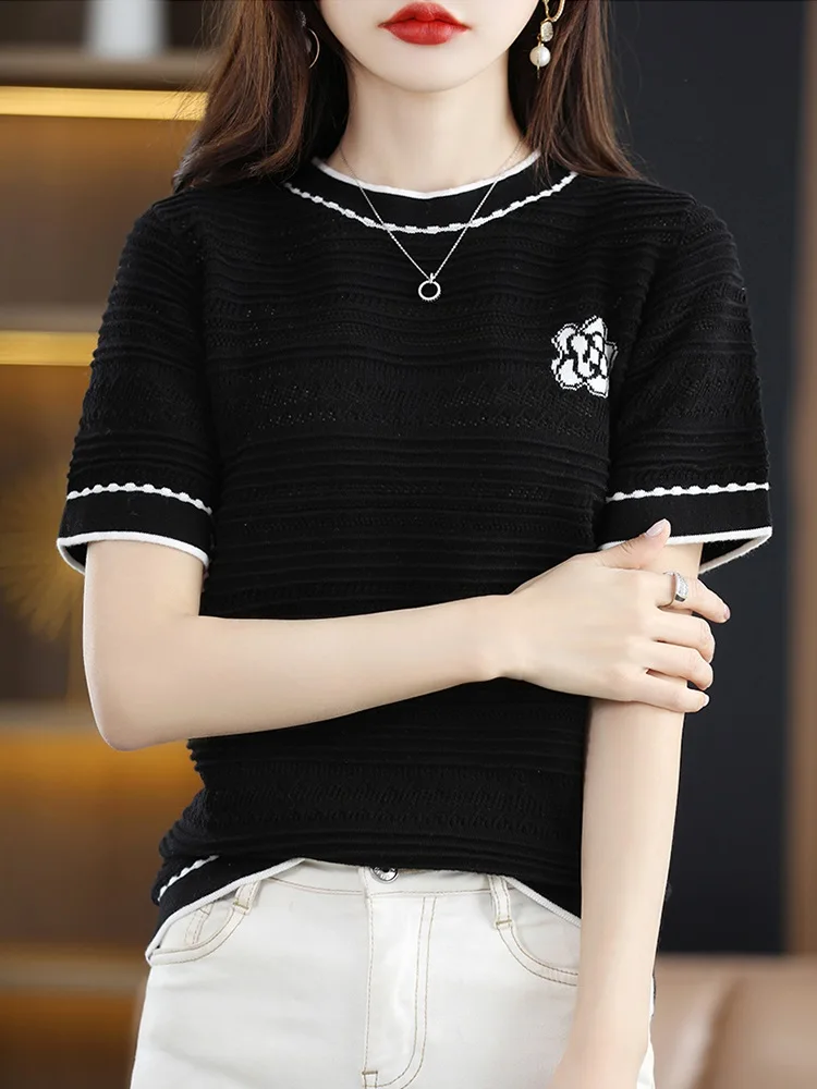 TuangBiang 2023 Eyelet Hollow Purple Women Summer Pullovers Female Striped Ribbed Knit T-Shirts Elastic O-Neck Cotton Thin Tops