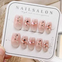 10Pcs French Style Sweet Cute Butterfly with Diamonds Handmade Press on Nails Short Fake Nail Wearable Stick-on Nails False Nail
