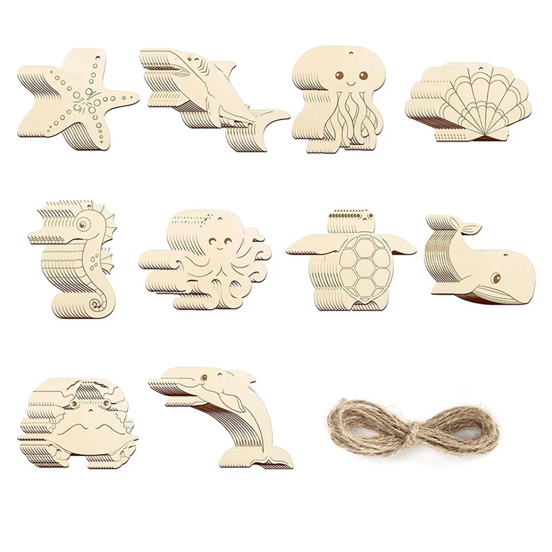 10pcs Wooden DIY Sea Ocean Animals Ornaments Seahorse Unfinished Wood DIY Craft Starfish Octopus Turtle Crab Whale Wood Crafts