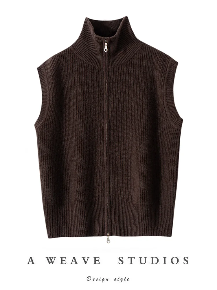 Women Mock Neck 100% Cashmere Sweater Waistcoat Double Zippers Cardigan Sleeveless Autumn Winter Loose Screw Threaded Vest Knit