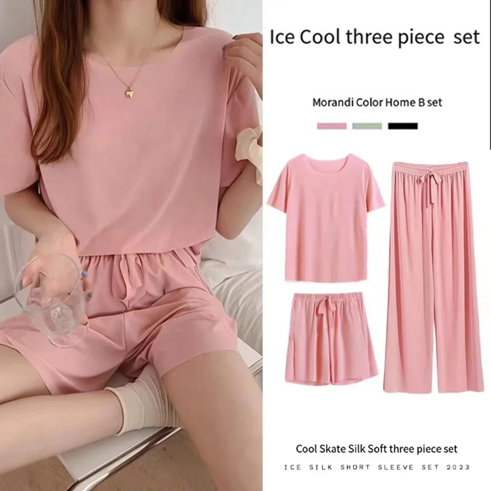 Ice Silk Pyjamas Three-Piece Set of Women\'s Homewear Trousers Simple Leisure and Comfortable Loose Short-Sleeved Shorts Suit