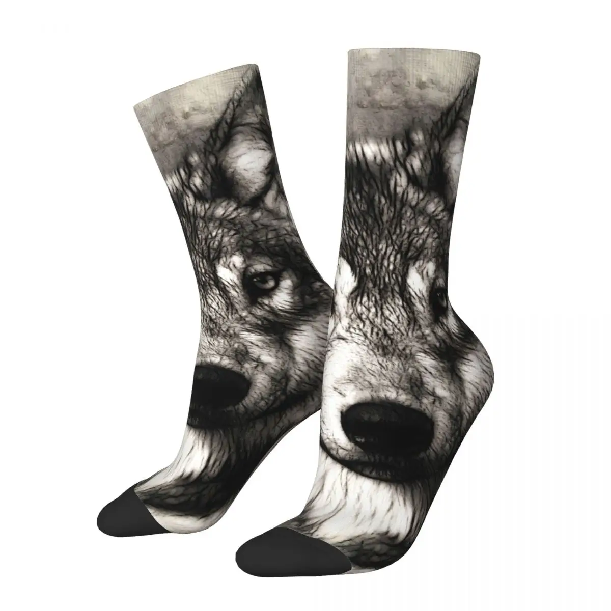 Funny Crazy Sock for Men Wolf Hip Hop Vintage Happy Breathable Seamless Pattern Printed Boys Crew Sock Novelty Gift