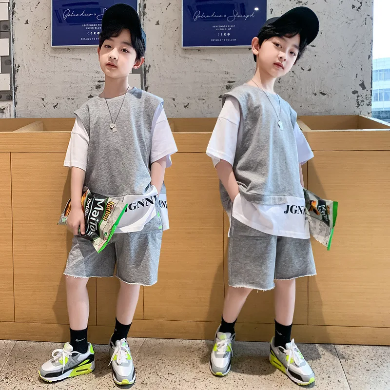 Summer Children Boy Clothes Set Kid Faux Two-piece Letterr Printed Tshirts and Shorts 2 Pieces Suit Teenage Top Bottom Outfits