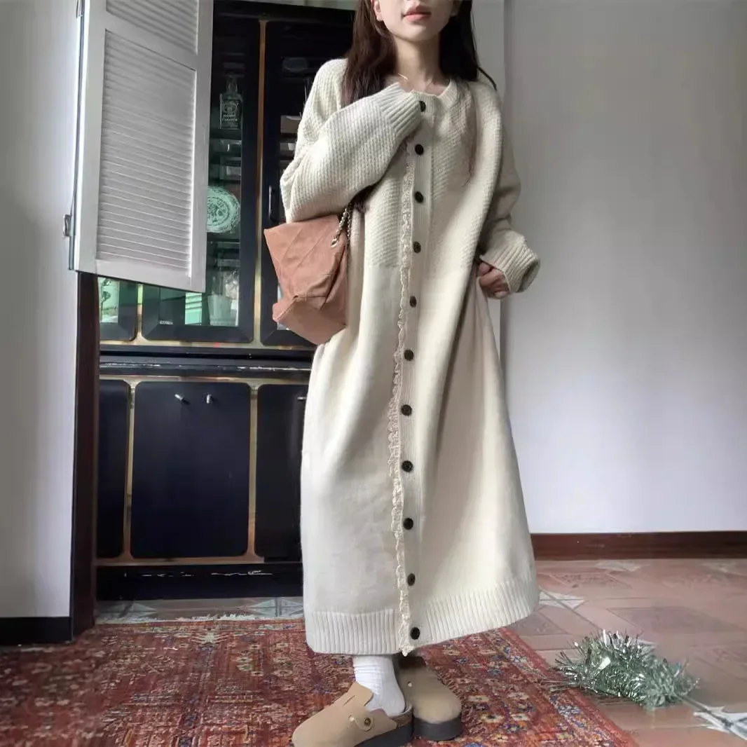 Japanese Mori Female Literary Retro Lazy Over The Knee Long Dress Knitted Cardigan Coat Large Size Loose Sweater Woman