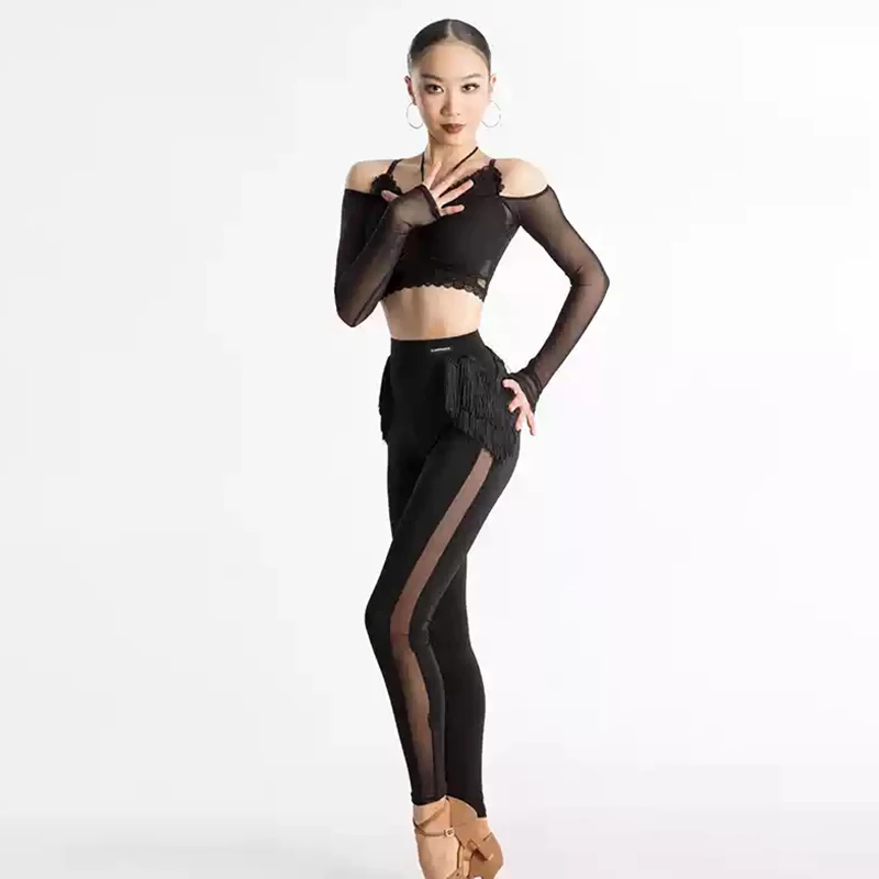 

Black Latin Dance Practice Clothes Female Adult Sling Mesh Splicing Top Tassel Pants Set Samba Cha Cha Rumba Training Wear XH886