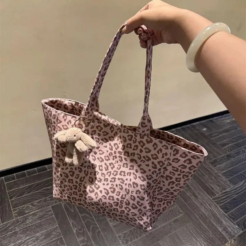 

Корейская розовая сумка-тоут с леопардовым принтом, большая вместительная холщовая сумка через плечо, простая городская сумка, портативная сумка для покупок в супермаркете