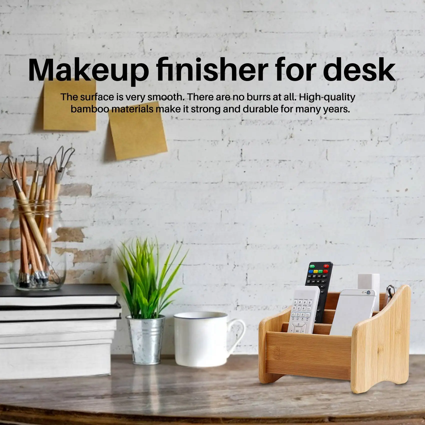 AB11 Bamboo Desk Organizer, 3 Compartment Remote Control Caddy, Pen Phone Holder for Office Home