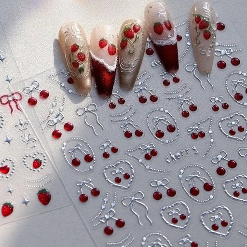 

Mini Fruit Cherry Charming Strawberry Ribbon Line Bowknot Jelly Charming Chic Self Adhesive Nail Art Stickers Manicure Decals