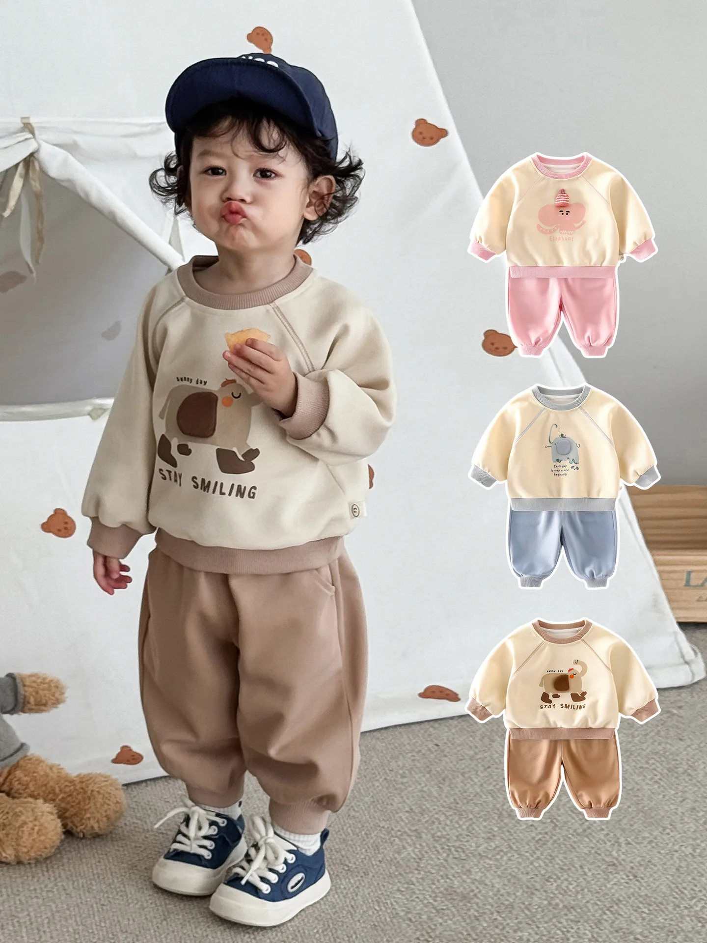 

Kids Girls 0-5Y Baby Boys Cotton Elephant Print Tracksuit 3D Animal Graphic Sweatshirt and Elastic Waist Joggers Casual Outfit