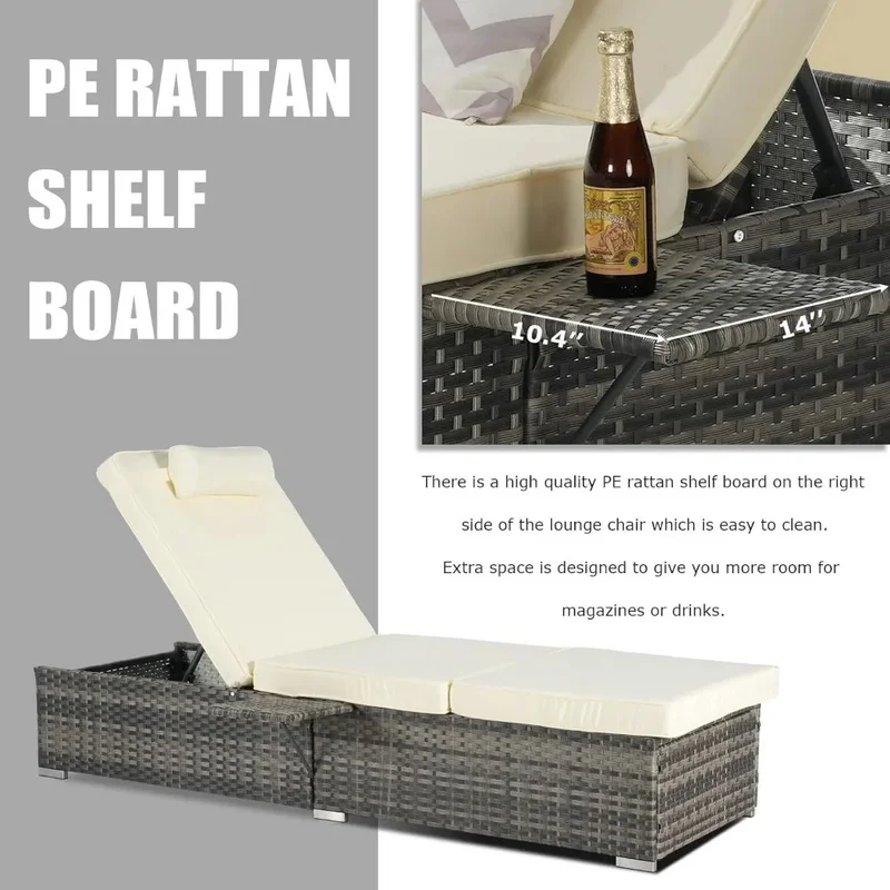 Outdoor Patio Chaise Lounge Set, Adjustable Backrest Recliner Chair with Side Shelf for Garden, Yard, and Poolside Use