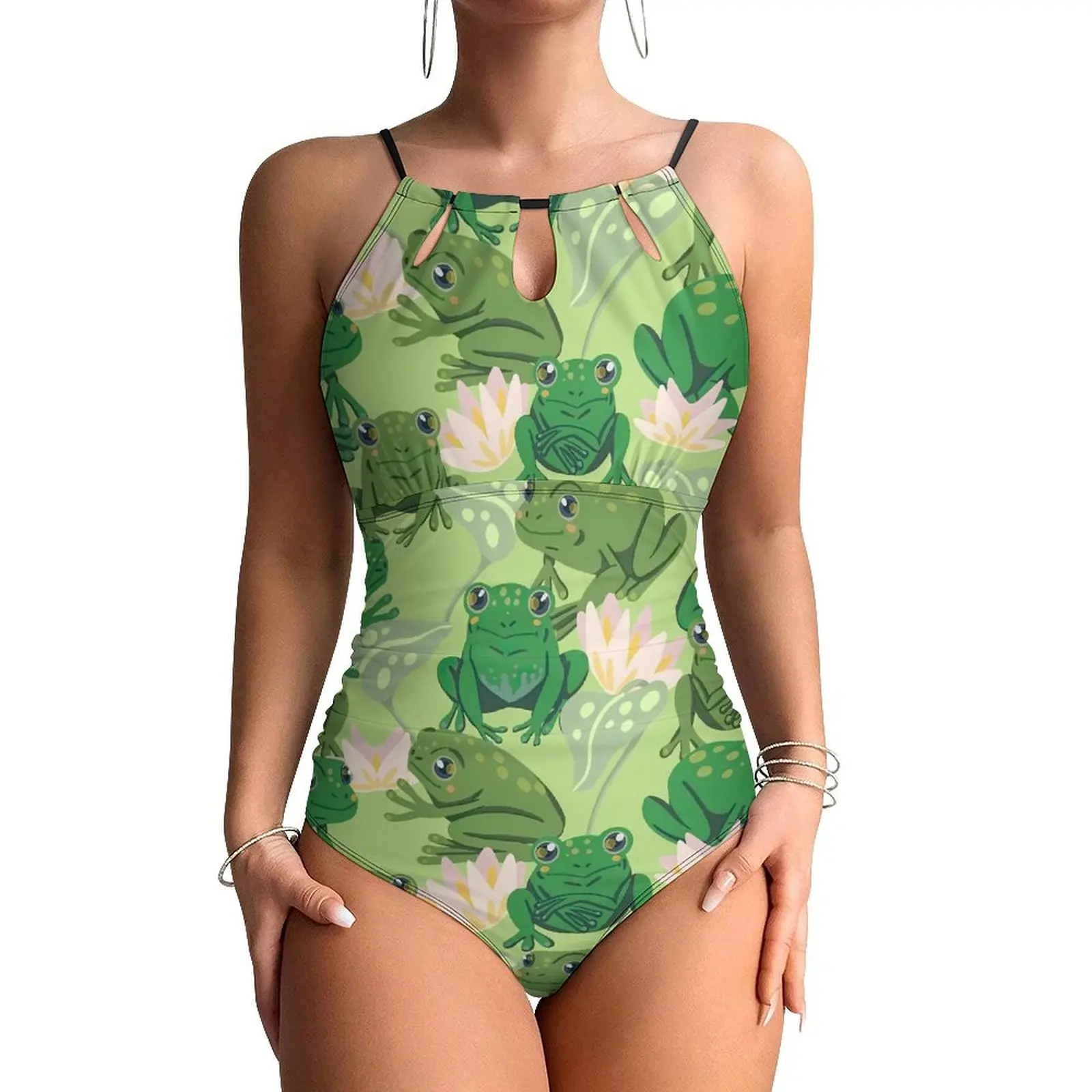 Cute Frog Lotus Swimsuit Pink Flowers Swimwear One Piece Holiday Surf Bodysuit Halter Monokini Women Push Up Sexy Beach Outfits