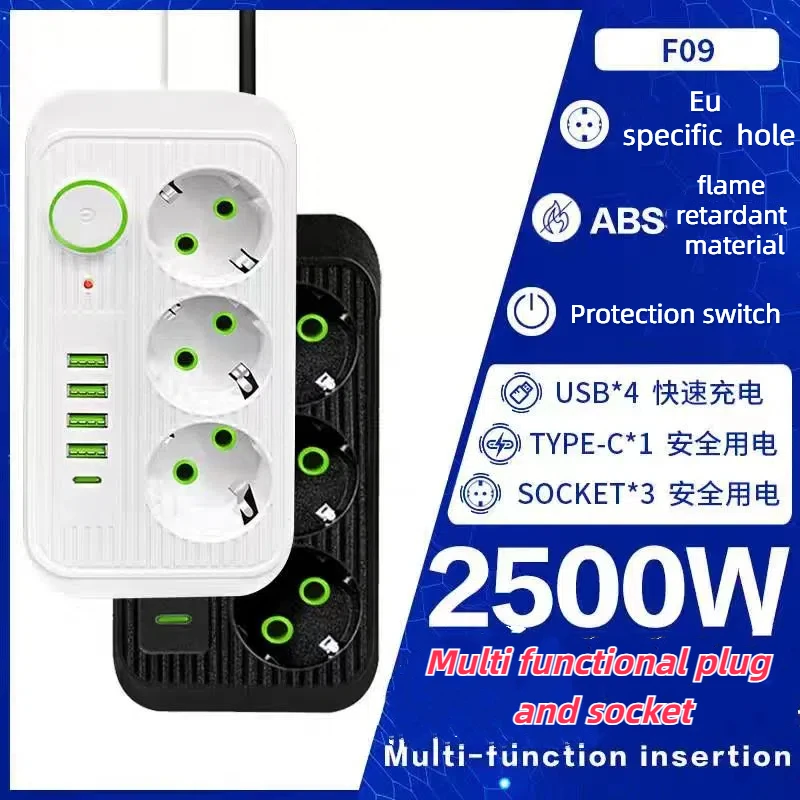 EU Plug Power Strip 2M Extension Cable Multiprise 3AC Outlets Electrical Socket 4 USB 1 Type C Network Filter Fast Charge