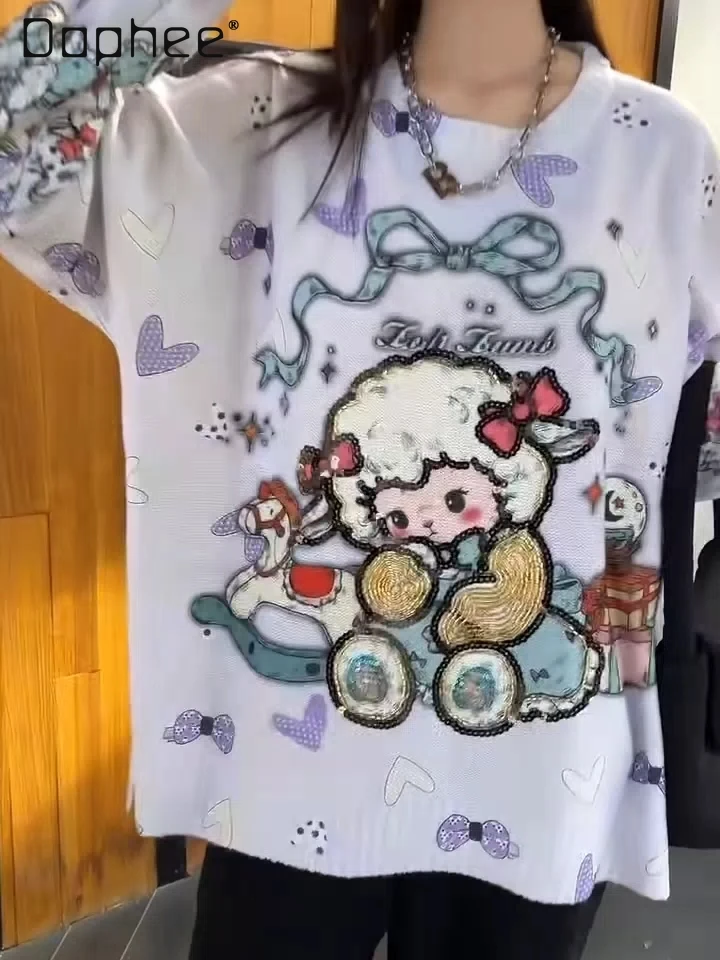 

Cartoon Print Round Neck Long Sleeve Knitted Sweater for Women Loose Slimming Sweater for Autumn and Winter Pullover Sweater