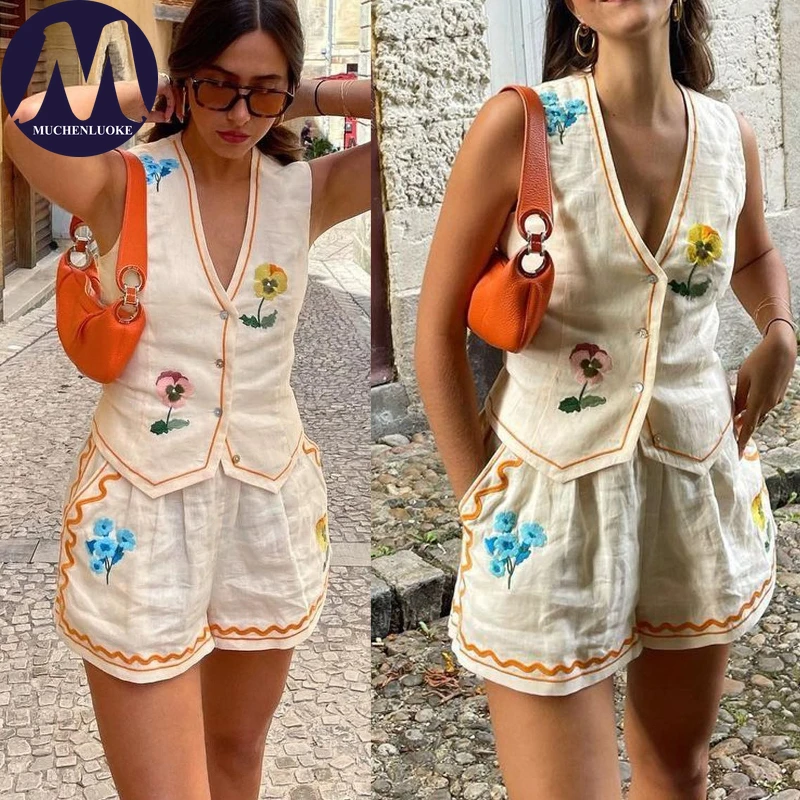 

2 Pieces Set for Woman Summer New Versatile Printing Sleeveless Vest Tops Suits Fashionable Slim Fit Beach Vacation Shorts Sets