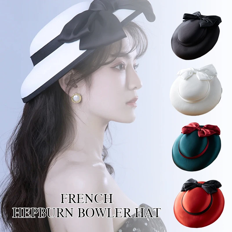 French Style Women Elegant Retro Hat With Clip Bridal Wedding Fedoras Church Hats Dinner Party Bow Bucket Hats Wedding Headdress