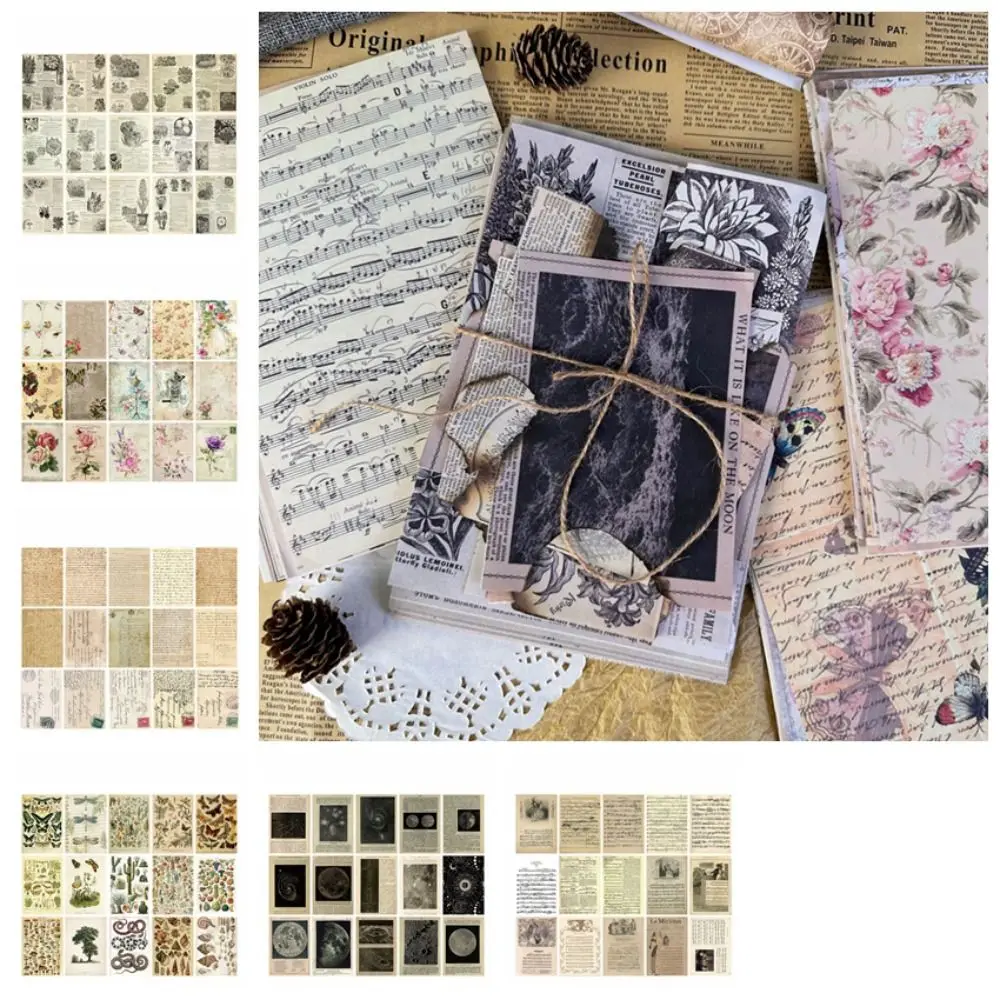 30 sheets Vintage Scrapbook Material Paper Background Paper Plant Patterns Old Book Page Music Score Collage Decor Paper