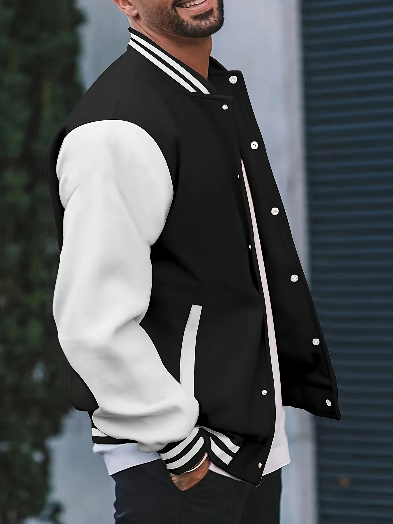 Fashionable Design Men's Black and White Campus Style Jacket Casual Baseball Jacket with Pockets Long Sleeves Autumn and Winter