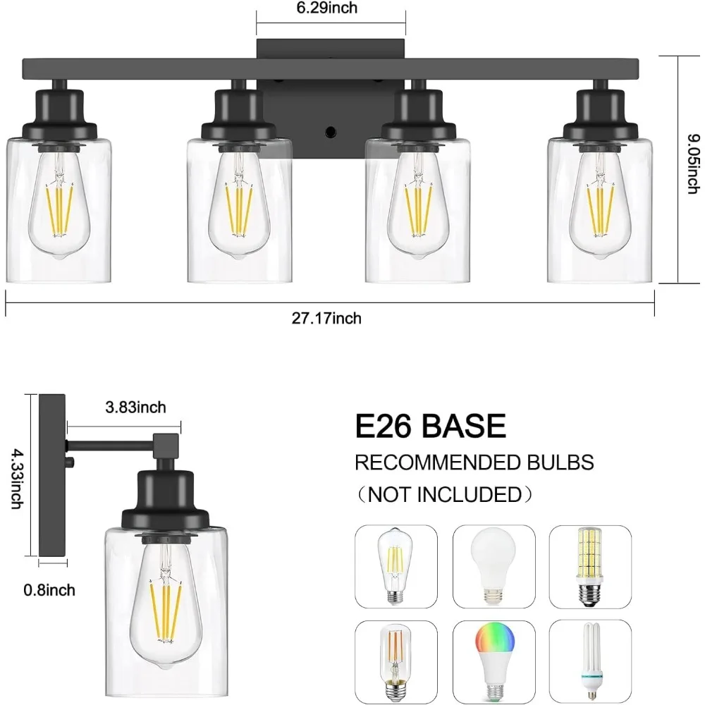 Badkamerverlichting, 4-Licht Moderne Matzwarte Wandschans Met Heldere Glazen Kap, Zwarte Wandlampen, Badvintage