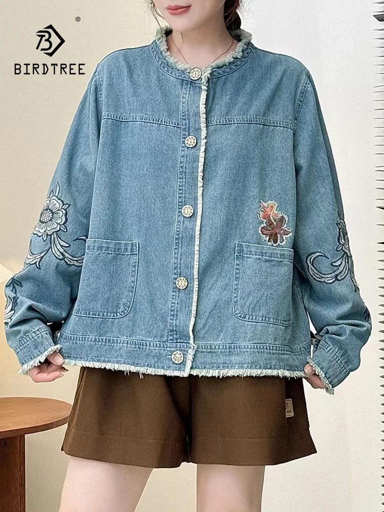 

New 2025 Autumn Long Sleeve Denim Coat, Women O Neck Floral Embroidery, Mori Girl Retro Casual Versatile Loose Jacket C58658CC