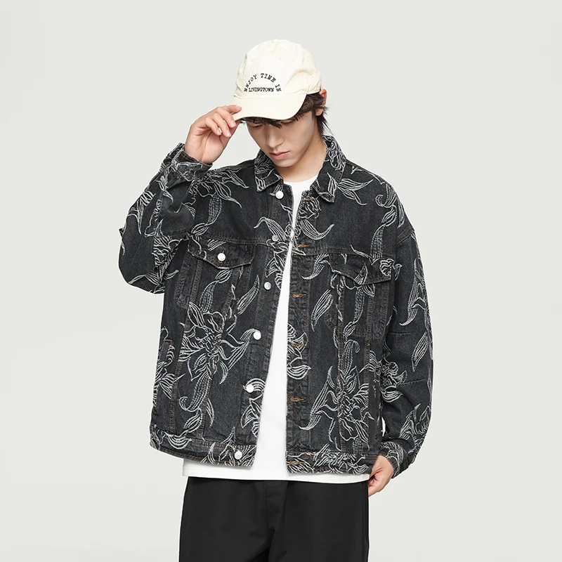 Fashion Printed Street Tide Brand Denim Coat Men's Autumn 2024 New Shirt Loose Retro Personality Lapel Y2K Clothes