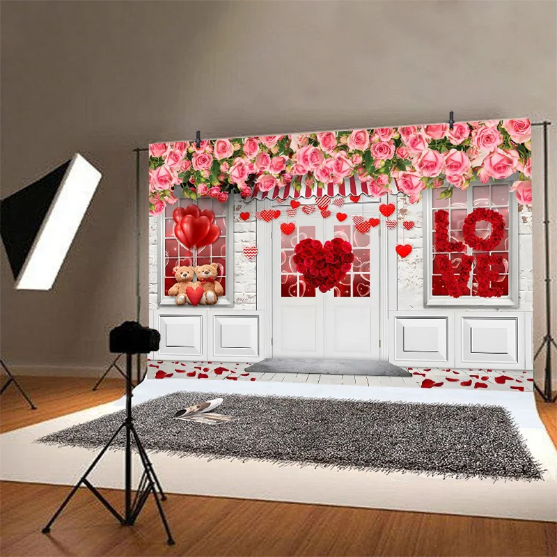 Valentines Day Shop Backdrop Flowers Store Photo Backgrounds for Photography Day of Love and Friendship Party Decorations Banner