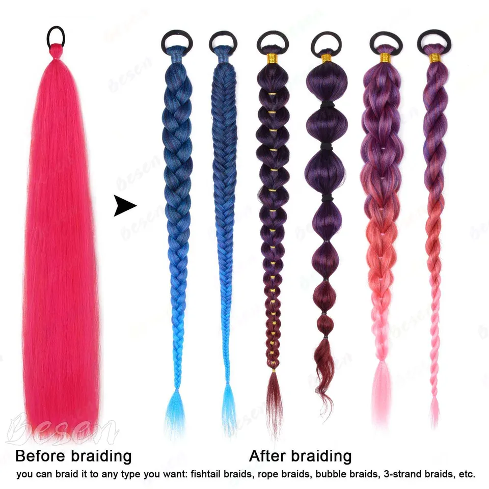 Coleta sintética de 2 piezas de 26 pulgadas en rosa neón para niñas, mujeres y niños, larga, recta y colorida, multicolor 4
