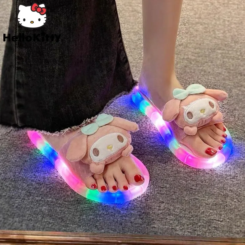 Sanrio Cinnamoroll Melody Luminous Slippers For Women Y2k Summer Beach Wearing 2023 New Celebrity Super Fashion Cute Home Shoes