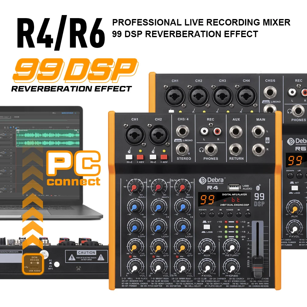 New R6/R4 6-Channel Multi-Audio Mixer, 99DSP Stereo Bluetooth 5.0, 6.5mm Output TypeC Soundcard for Bands and Live Recording