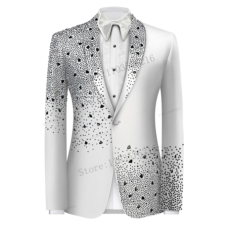 W02 Luxury Beads 2 Pieces Blazer Pants Men Suits Shiny One Button Sheer Lapel Diamonds Formal Party White Wedding Groom