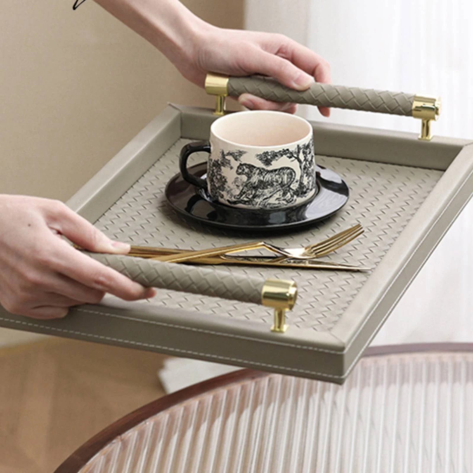 Rectangular Tray with Handles Raised Sides Woven Serving Tray Tableware Decorative Long-Lasting