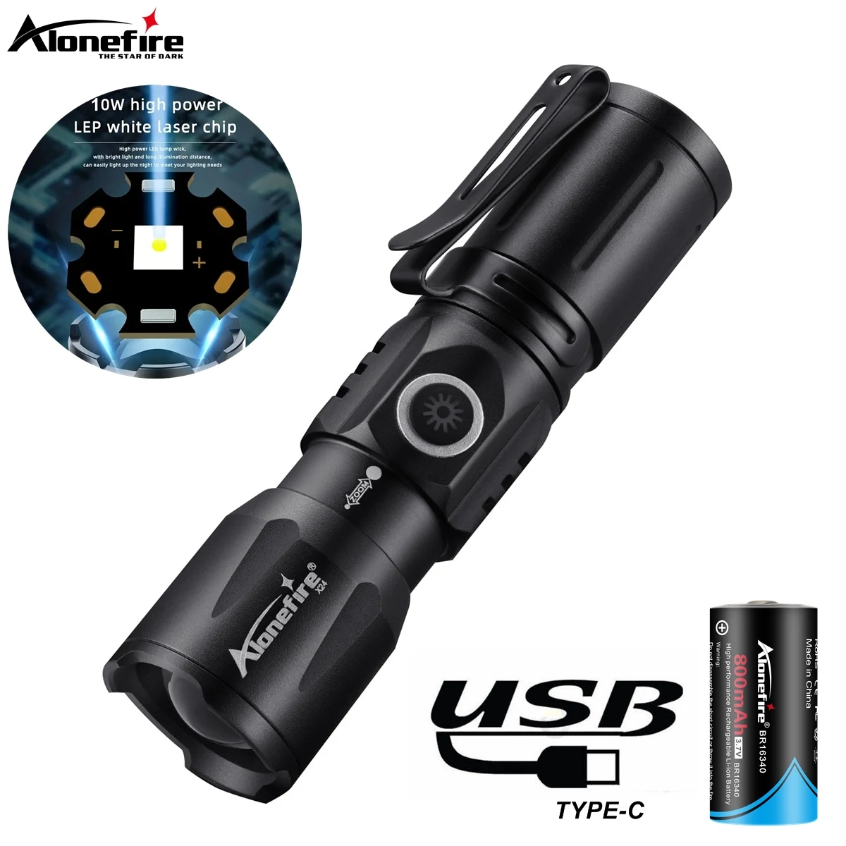 Linterna táctica LED recargable USB con zoom de bolsillo