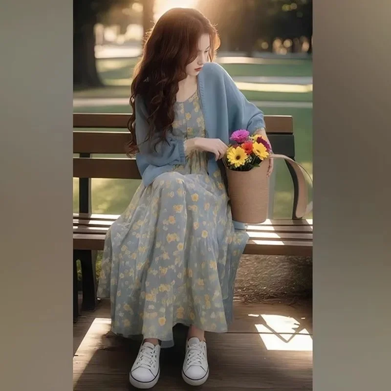 

Spring and Summer Wear 2026 New Set of Cardigan Top with Floral Dress Two-piece Set
