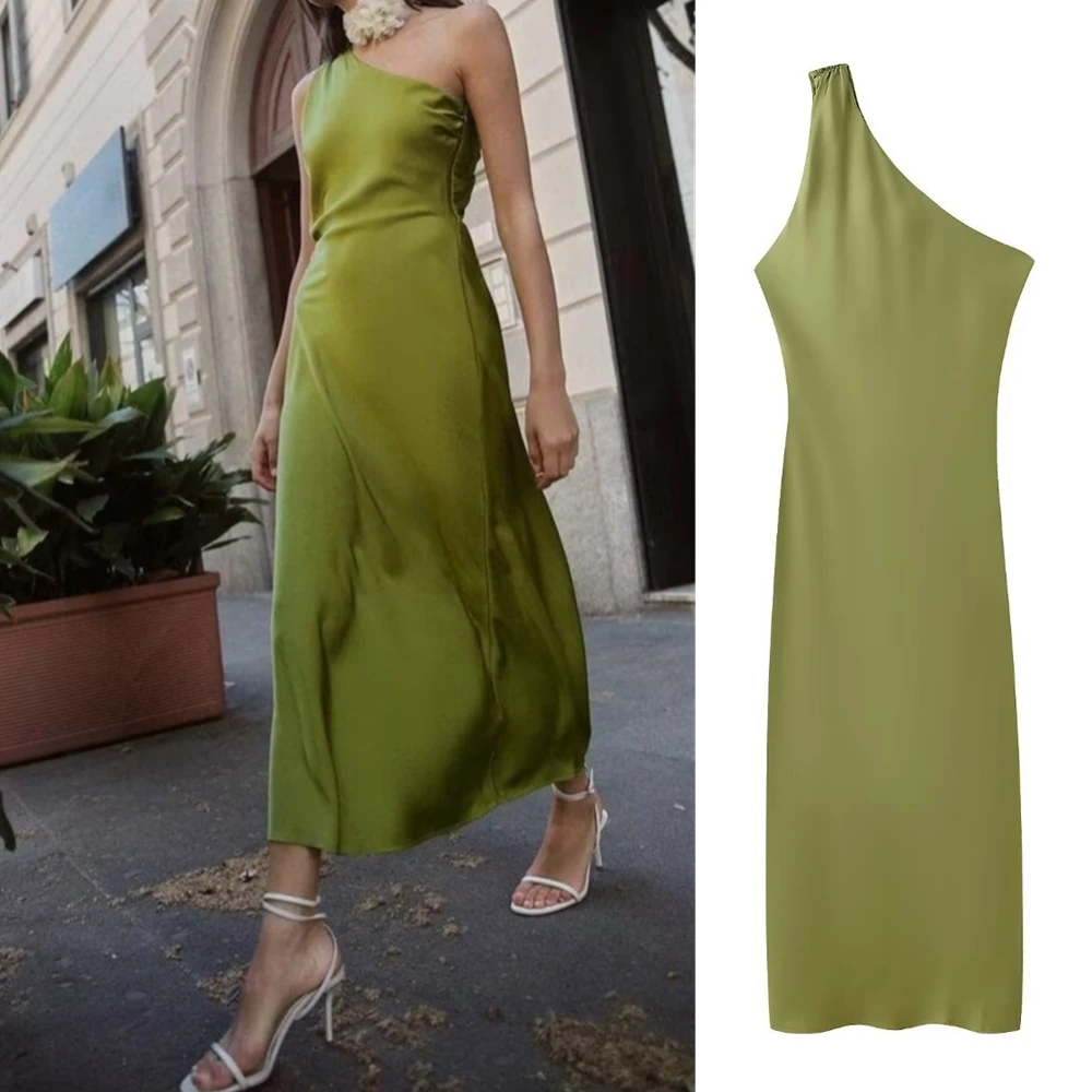 

Taop&Za Women's 2024 Summer New Style Fashionable Elegant Solid Color Asymmetrical Silk Satin Texture Dress 8372/074